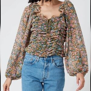 Free People Mable Printed Blouse Long Seeves Floral Balloons Sleeves Large NWT